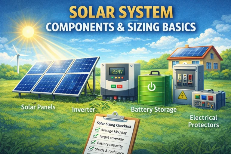 Solar system components illustration showing solar panels, inverter, battery storage, electrical protection panel, and a sizing checklist.