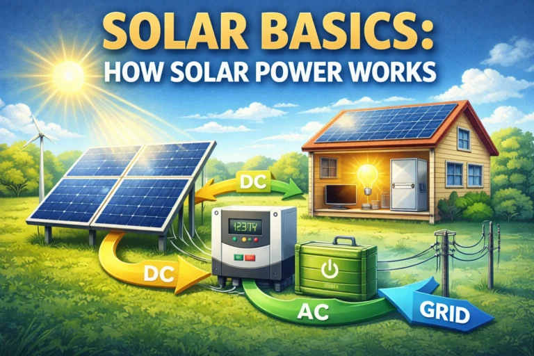 Solar basics diagram showing solar panels producing DC power, an inverter converting to AC, optional battery storage, and connection to the grid powering a home.
