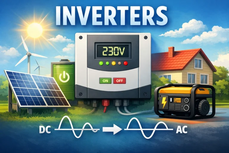 Solar inverter converting DC to AC with solar panels, battery storage, and a home backup power setup.