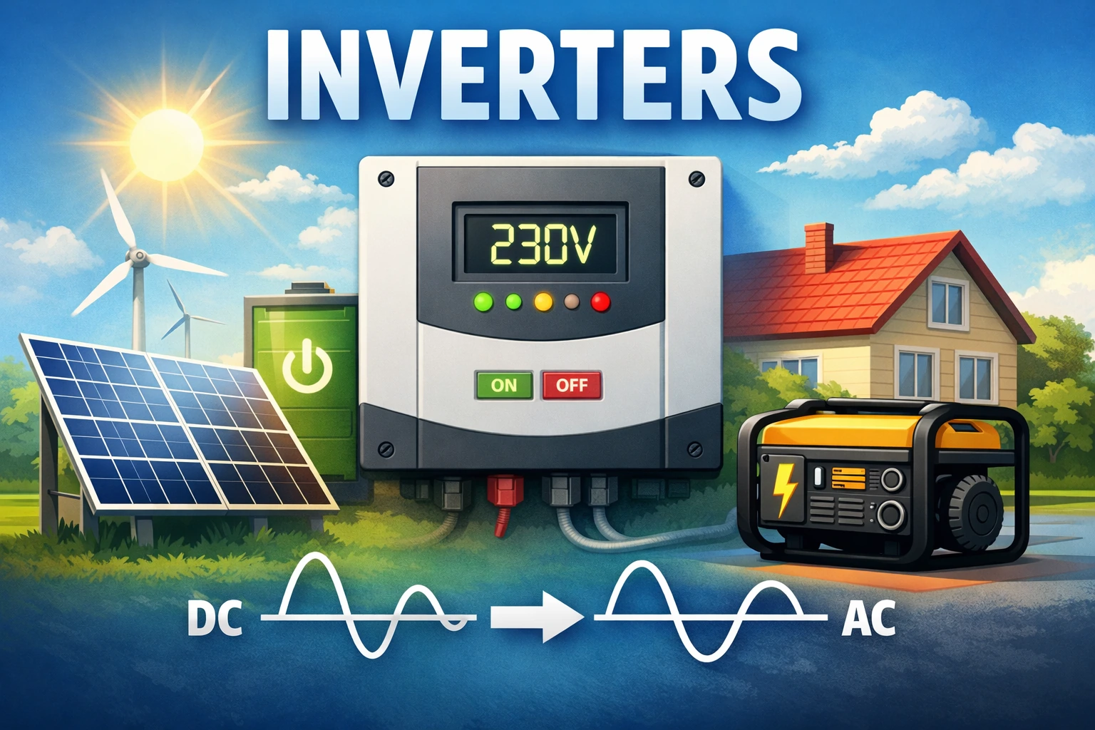 Solar inverter converting DC to AC with solar panels, battery storage, and a home backup power setup.
