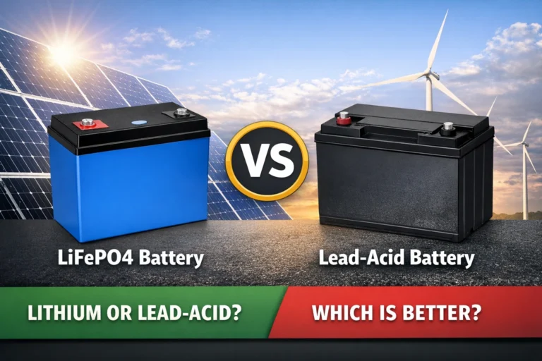 LiFePO4 vs Lead-Acid solar battery comparison with solar panels and wind turbines