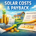 Solar costs and payback illustration with home solar panels, calculator, coins, receipts, and payback chart.