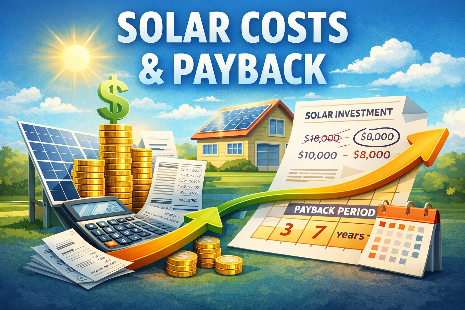 Solar costs and payback illustration with home solar panels, calculator, coins, receipts, and payback chart.