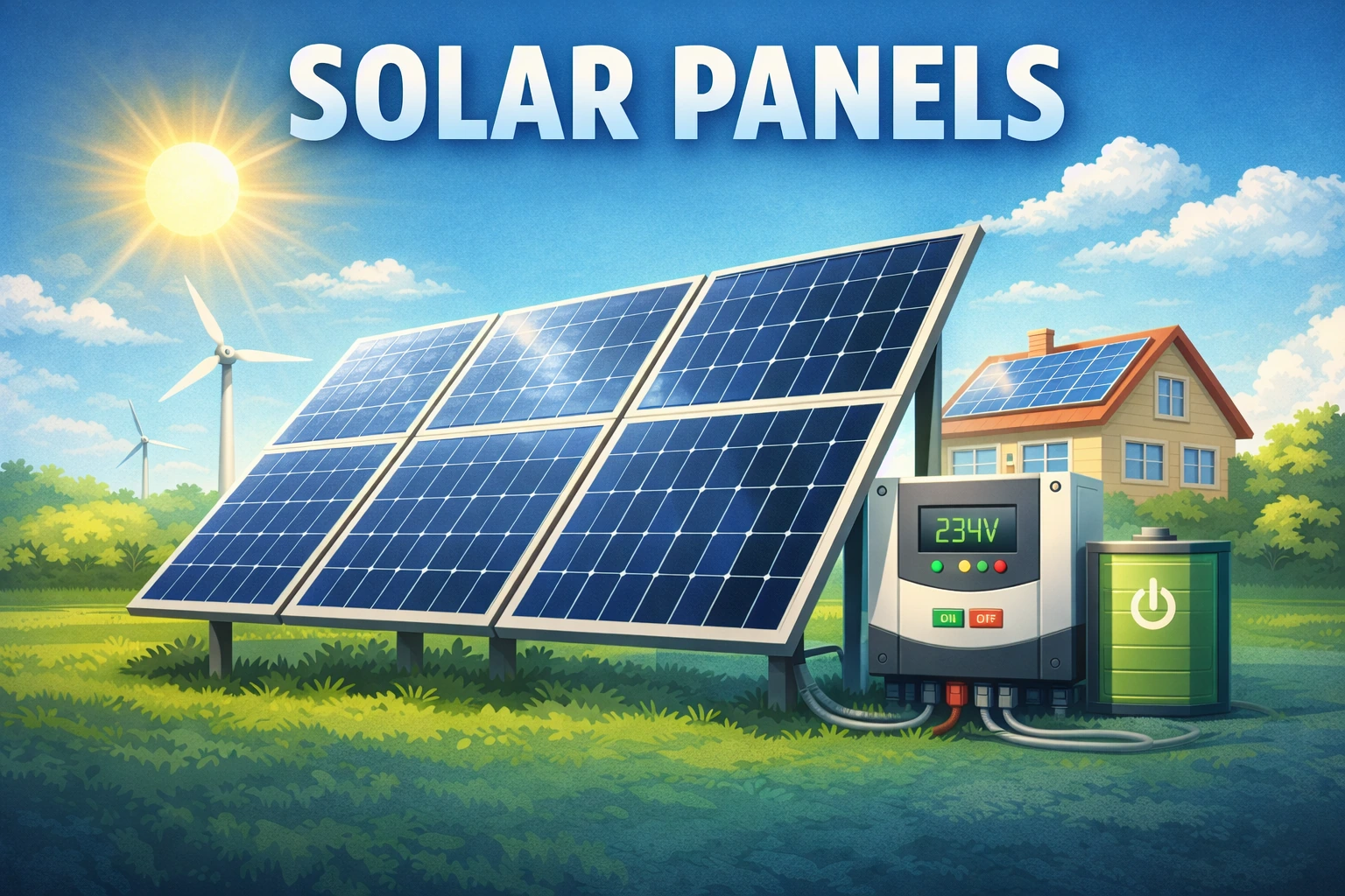Solar panels in a sunny field with a home solar setup, inverter, and battery storage.