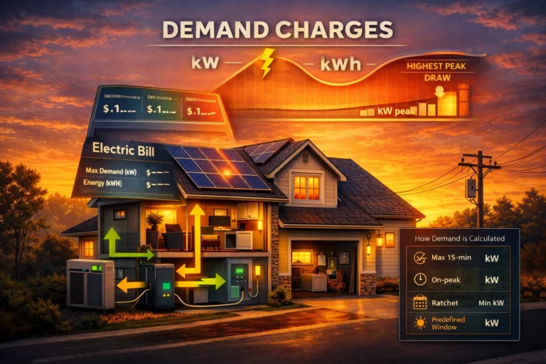 Demand charges and solar illustration showing rooftop panels, battery peak shaving, and electric bill kW vs kWh comparison at sunset