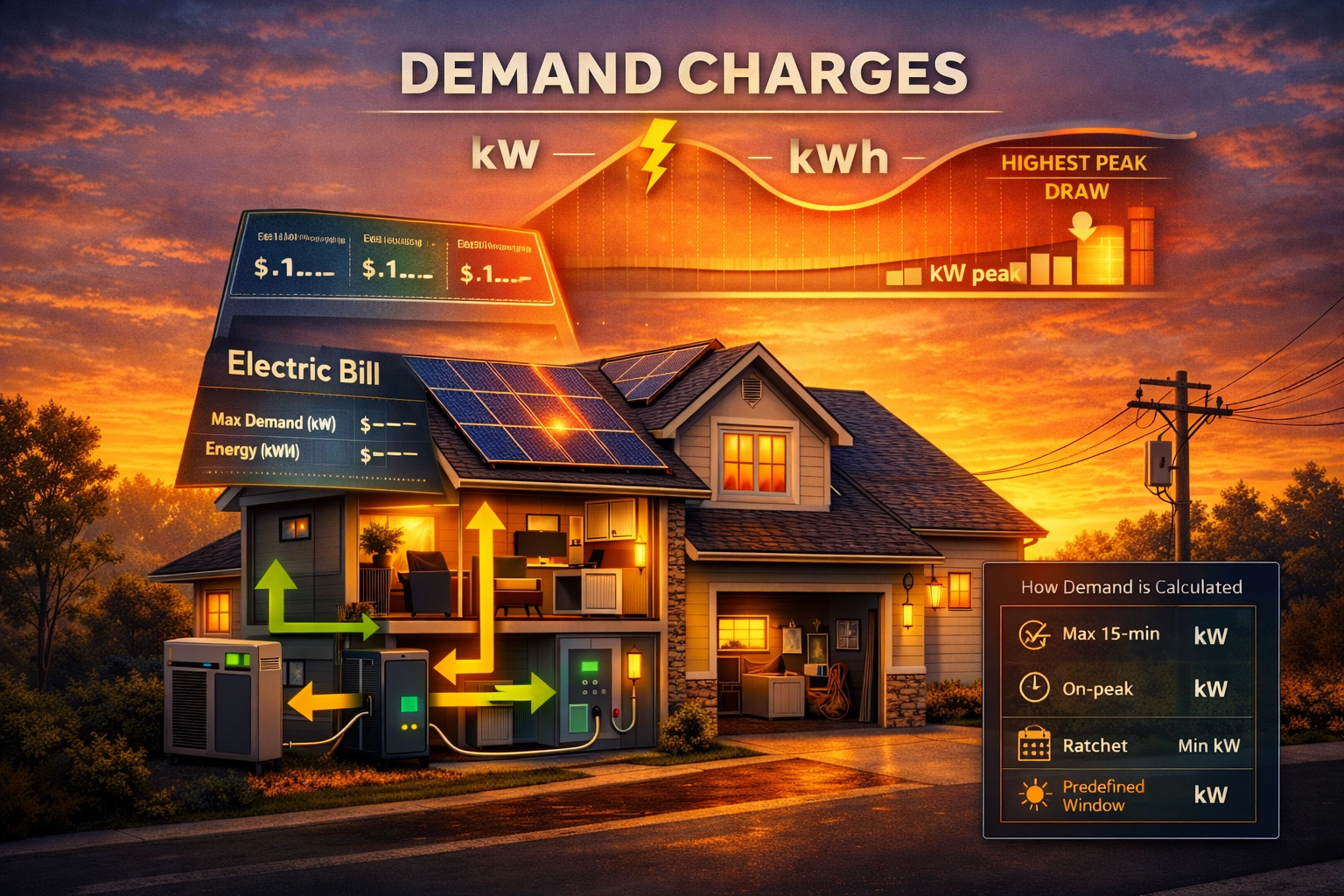 Demand charges and solar illustration showing rooftop panels, battery peak shaving, and electric bill kW vs kWh comparison at sunset