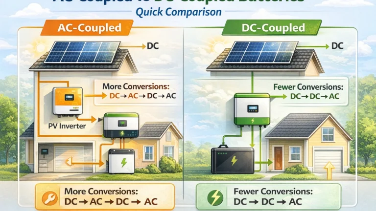 Illustrated comparison of AC-coupled vs DC-coupled solar batteries, showing homes with solar panels, battery/inverter components, and energy flow arrows with conversion steps.