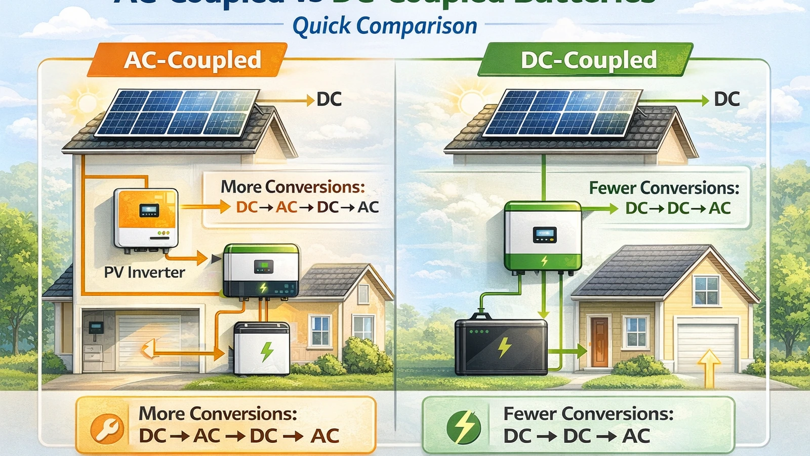 Illustrated comparison of AC-coupled vs DC-coupled solar batteries, showing homes with solar panels, battery/inverter components, and energy flow arrows with conversion steps.