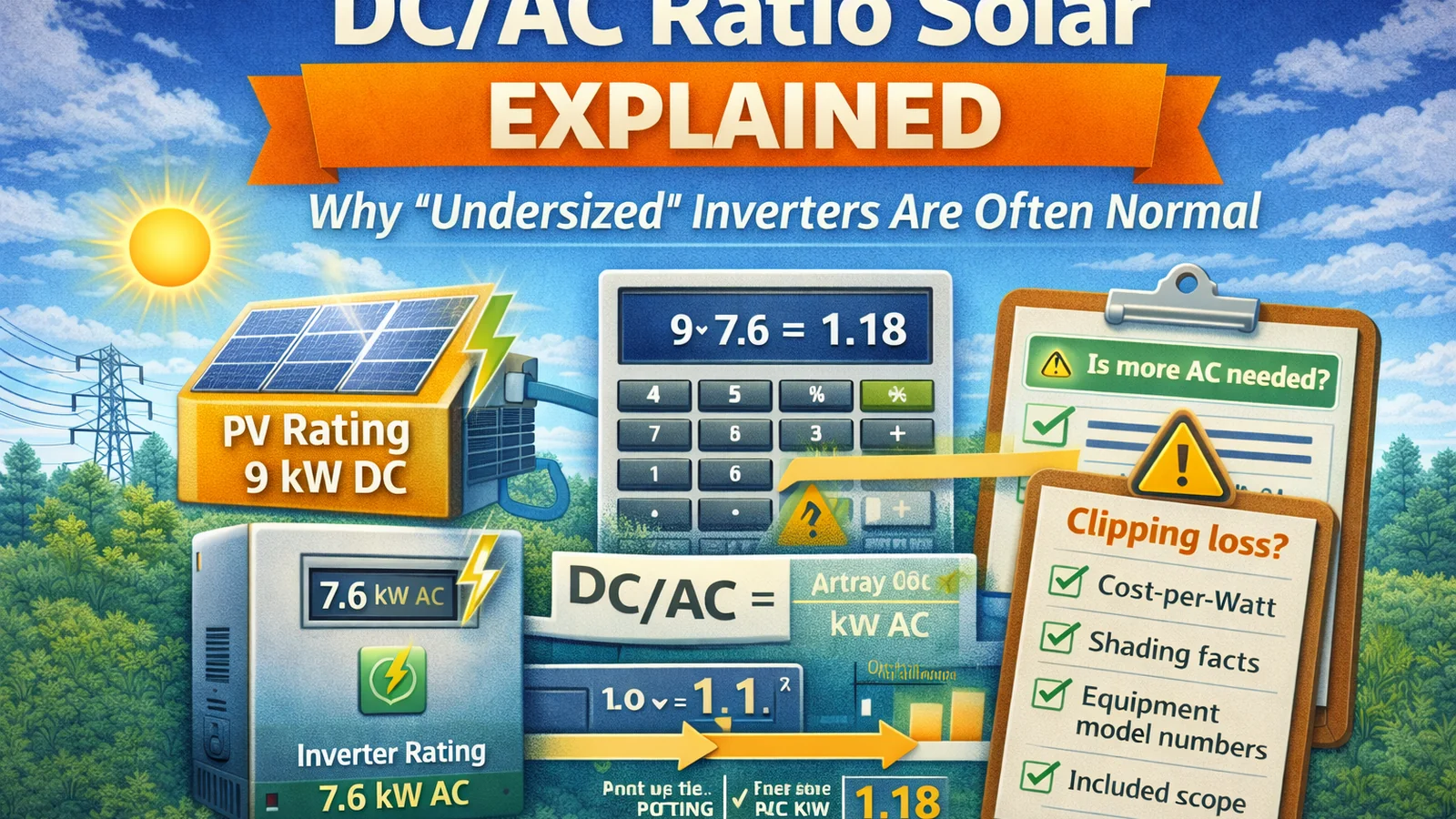 DC/AC ratio solar featured image showing solar panels (DC kW) feeding an inverter (AC kW) with a simple DC/AC ratio calculation and a clipping concept checklist.