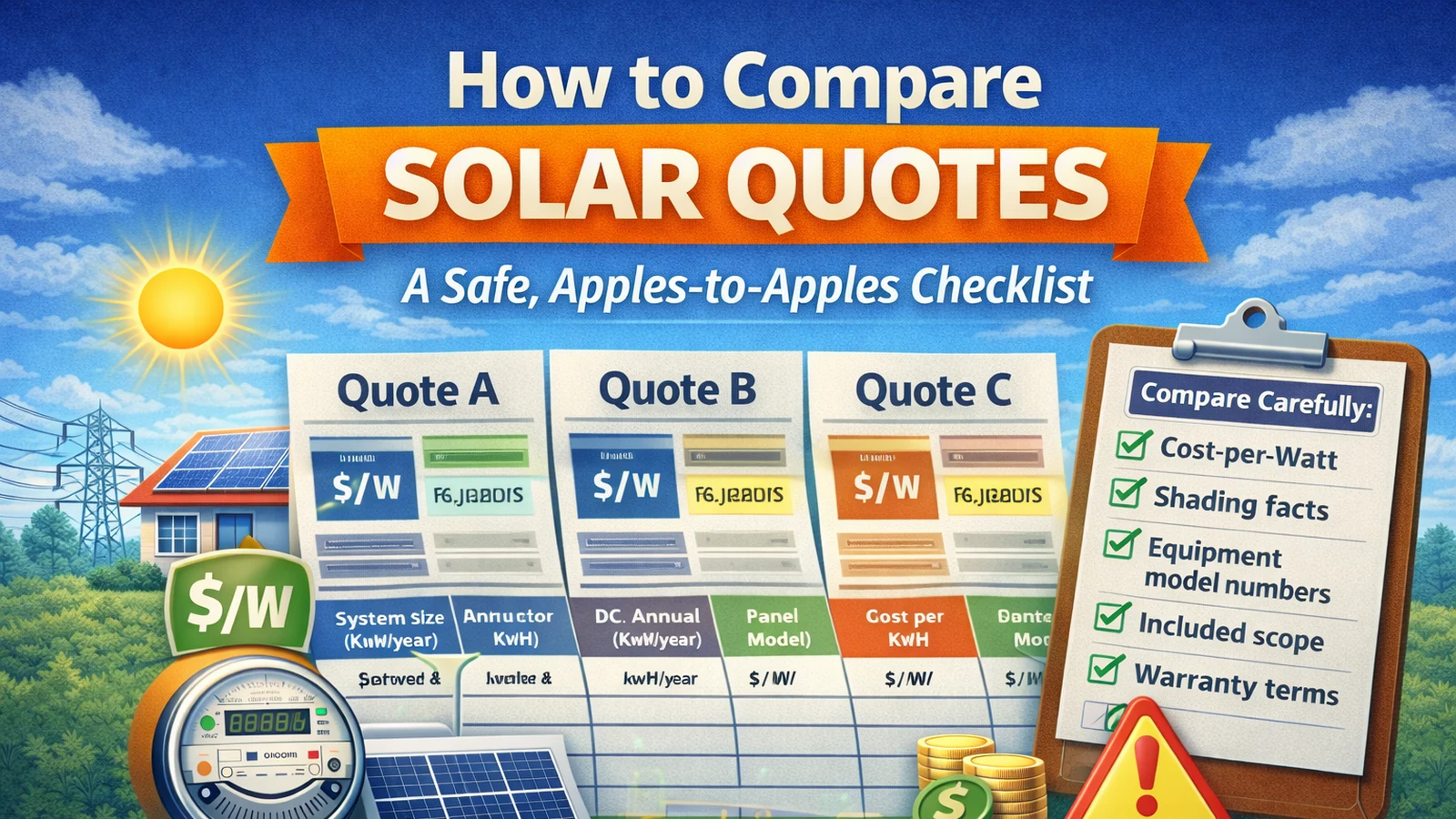 Illustration showing three solar quotes (Quote A, Quote B, Quote C) with a comparison checklist for cost per watt, production assumptions, equipment model numbers, included scope, warranty terms, and red flags.