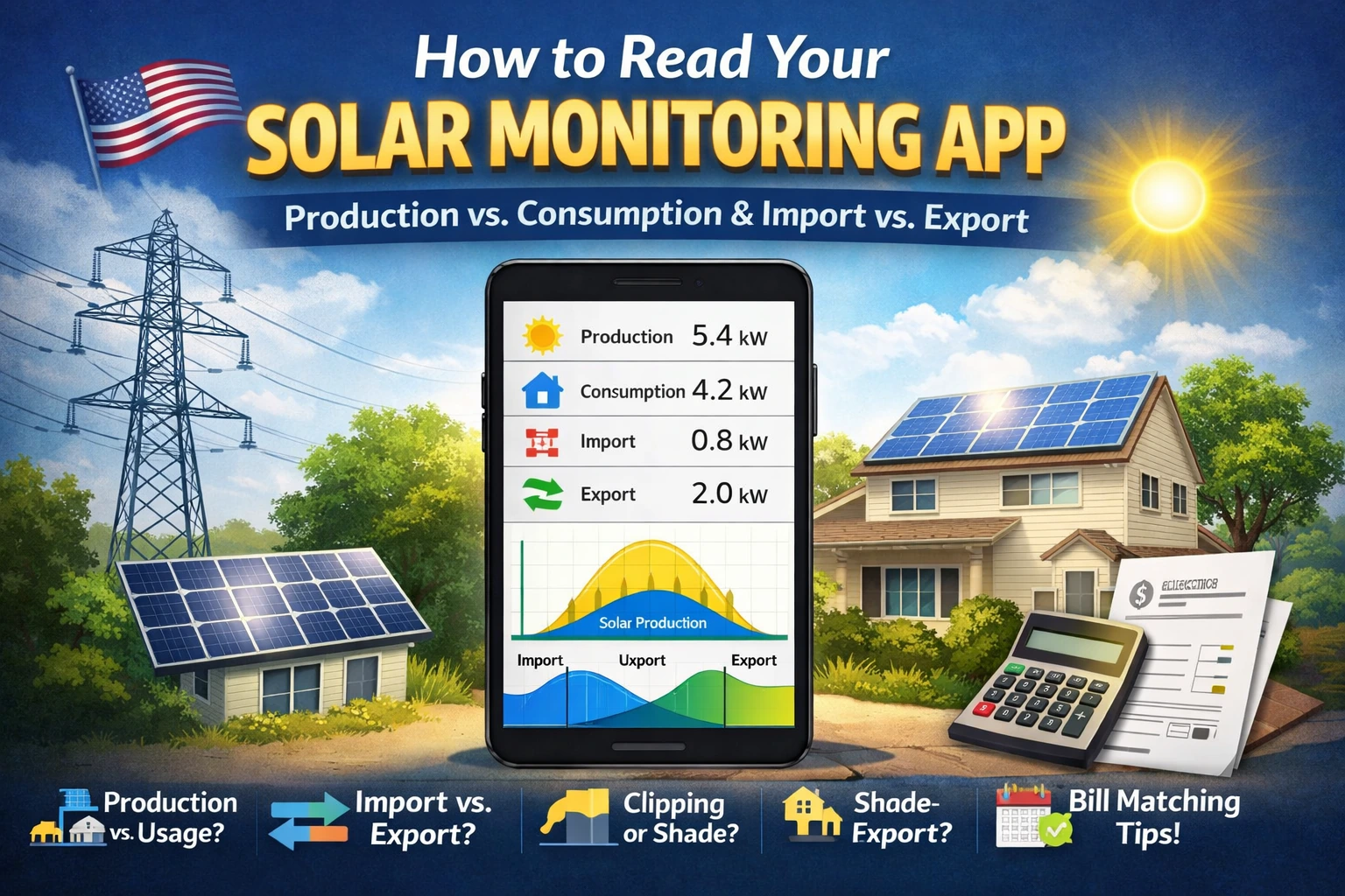 Homeowner solar monitoring app dashboard showing production vs consumption and import vs export (USA)