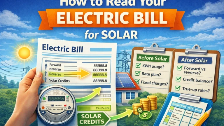 Illustration showing an electric bill with solar credits, a bidirectional meter, a solar home, and checklists for reading bills before and after going solar.