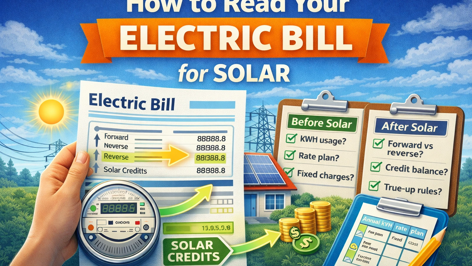 Illustration showing an electric bill with solar credits, a bidirectional meter, a solar home, and checklists for reading bills before and after going solar.