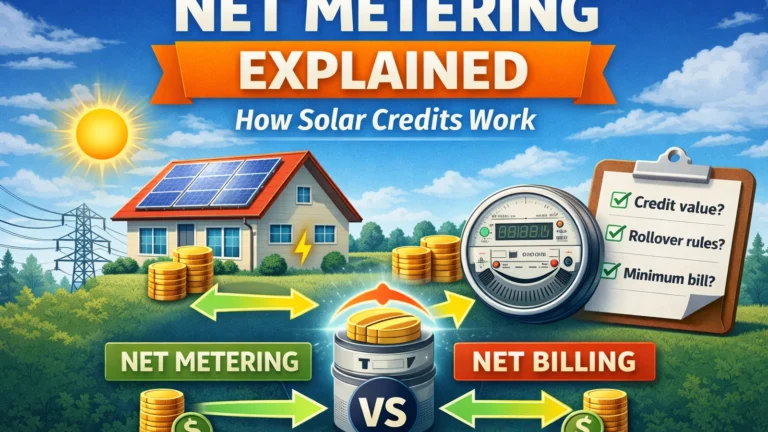 Net metering explained illustration showing a solar home, bidirectional meter, grid connection, and solar credit coins with net metering vs net billing comparison.