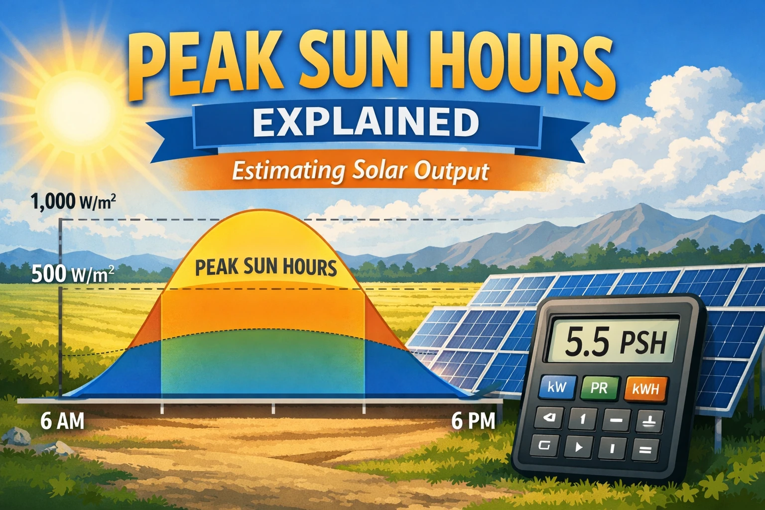 Peak sun hours explained graphic showing a solar irradiance curve, solar panels, and a calculator reading 5.5 PSH