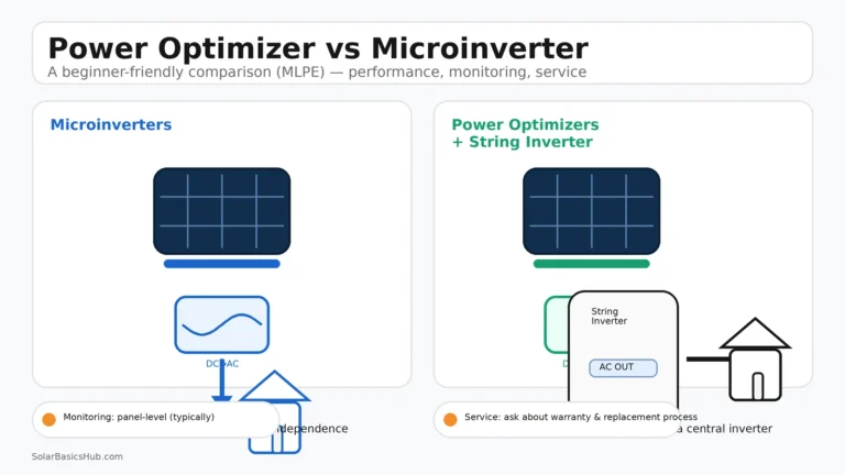 Clean split-screen infographic comparing microinverters vs power optimizers plus a string inverter, showing DC-to-AC conversion locations, flow arrows, and key benefits.