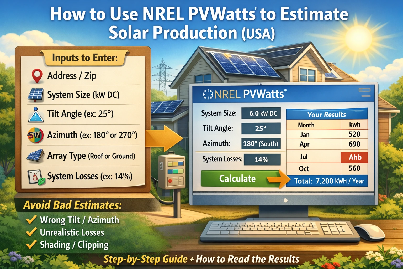 PVWatts calculator guide illustration showing a solar home, tilt and azimuth inputs, system losses, and a monthly kWh results table