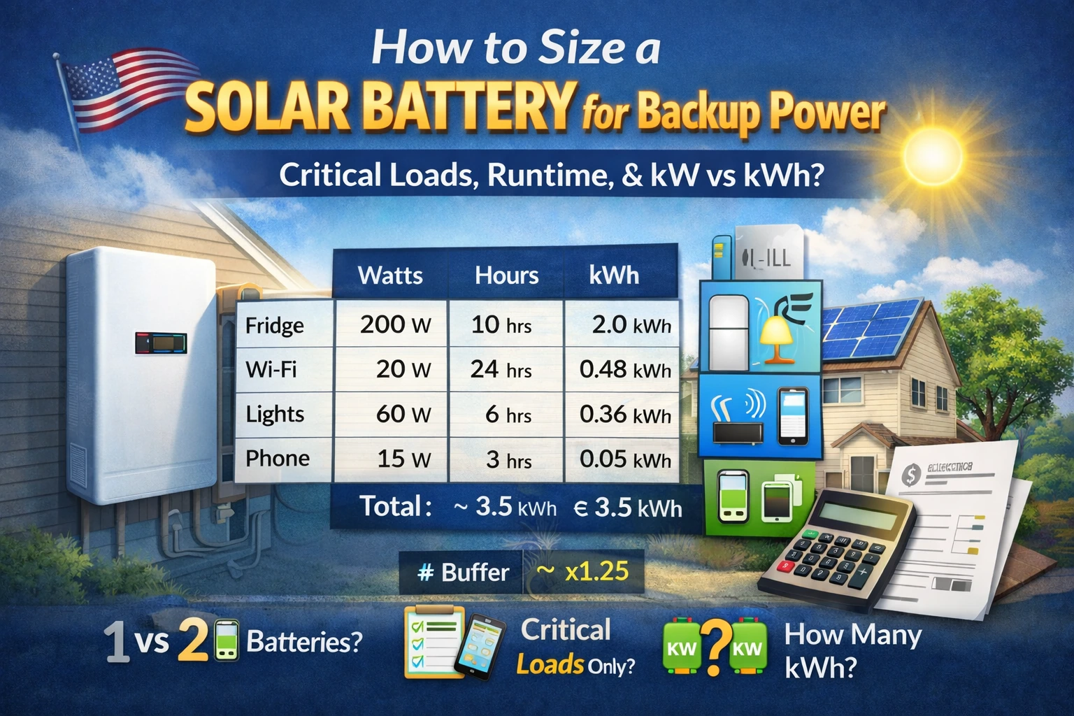 Solar battery backup sizing illustration showing critical loads table, runtime math, and kW vs kWh for a U.S. home