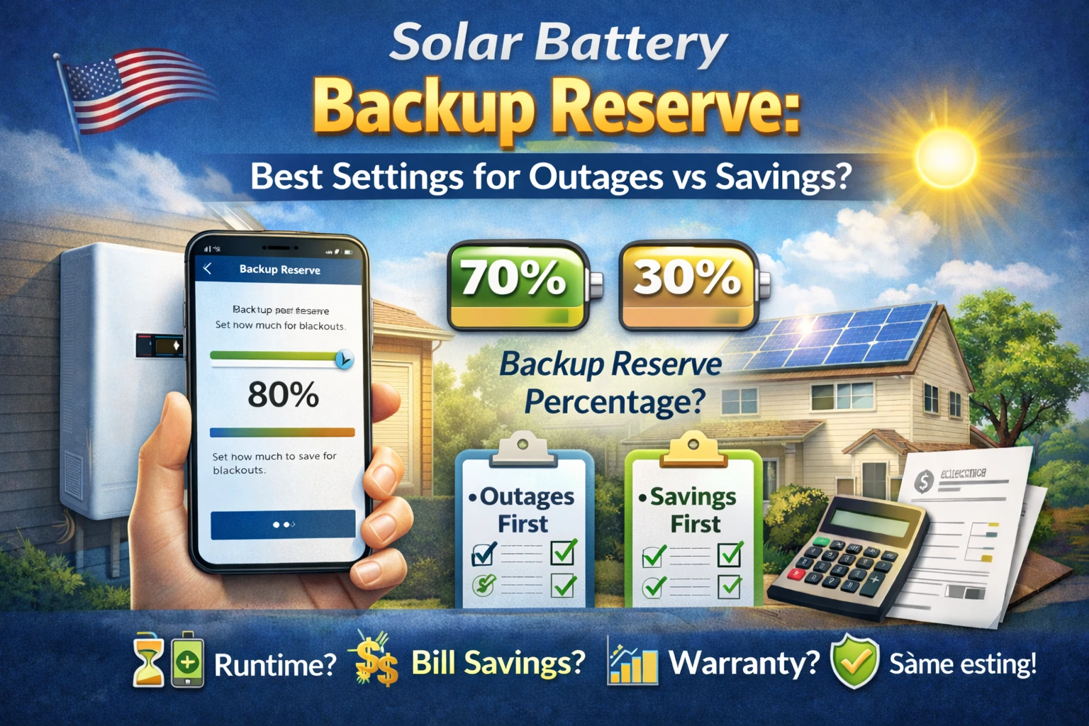 Solar battery backup reserve setting illustration showing reserve percentage for outages vs savings on a U.S. home with rooftop solar