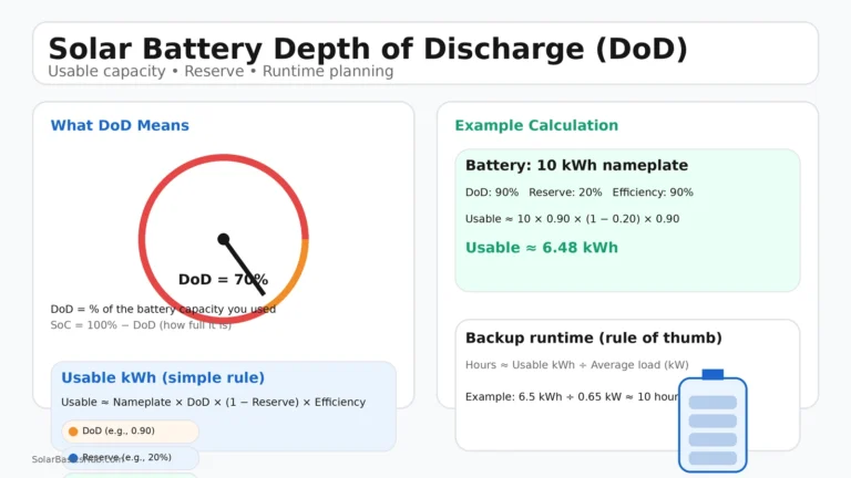 Infographic explaining solar battery depth of discharge (DoD) with a DoD gauge, usable kWh formula, and a worked example showing how reserve and efficiency reduce usable capacity.