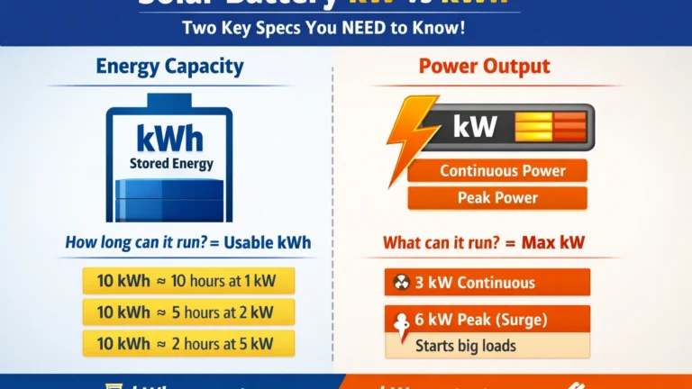 Solar battery kW vs kWh infographic showing kWh as energy capacity (how long) and kW as power output (what it can run), with a simple runtime reminder.