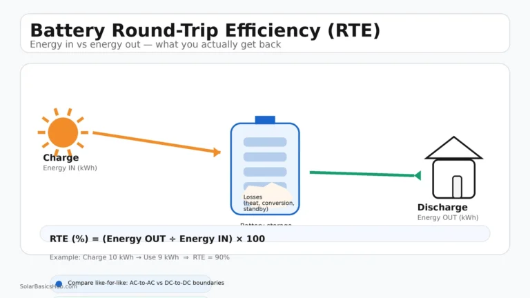 Diagram showing solar charging a battery (energy in), battery powering a home (energy out), and losses in between, with the round-trip efficiency (RTE) formula and a 10 kWh to 9 kWh example.