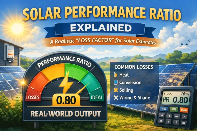 Solar performance ratio explained with a gauge showing PR 0.80, solar panels, and a list of common losses like heat, conversion, soiling, and wiring/shade