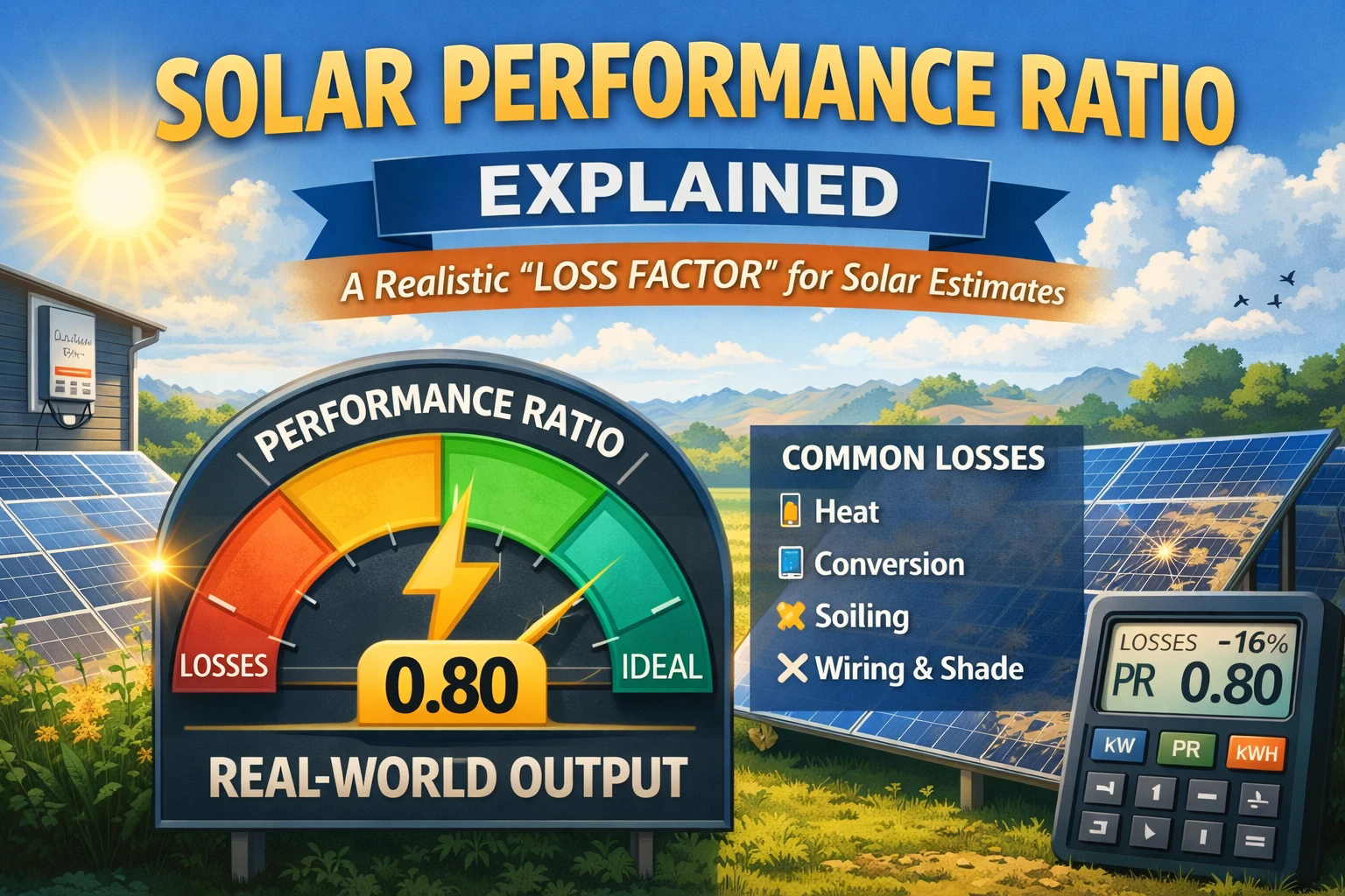 Solar performance ratio explained with a gauge showing PR 0.80, solar panels, and a list of common losses like heat, conversion, soiling, and wiring/shade