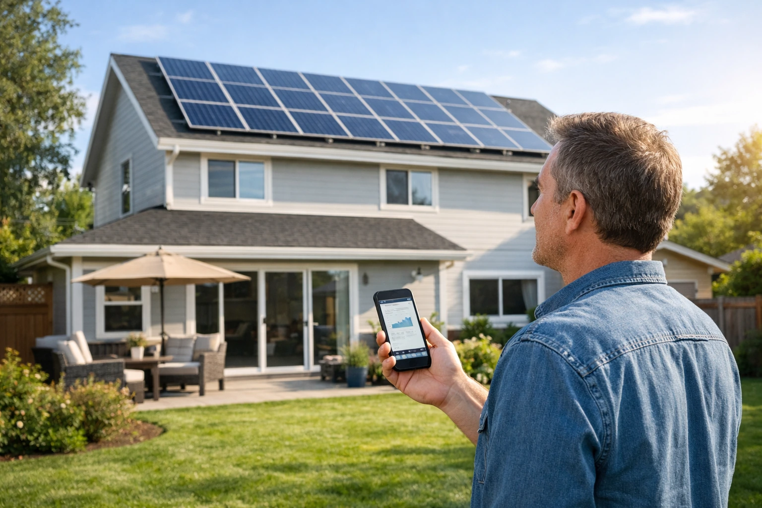 Homeowner checking a solar monitoring app on a smartphone while looking up at rooftop solar panels on a modern home