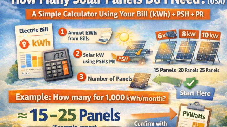 Infographic showing how to calculate how many solar panels you need using your electric bill kWh, peak sun hours (PSH), performance ratio (PR), and panel wattage.