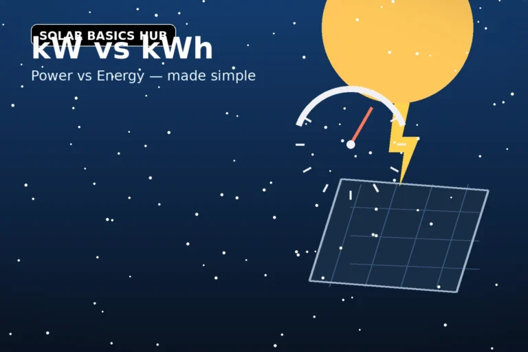 kW vs kWh solar illustration showing power gauge, lightning icon, and solar panel