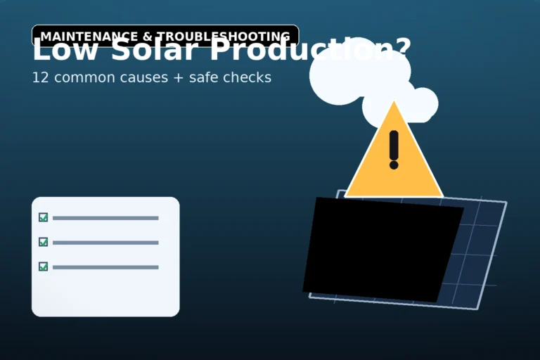 Low solar production troubleshooting graphic with shaded panel, warning icon, and checklist