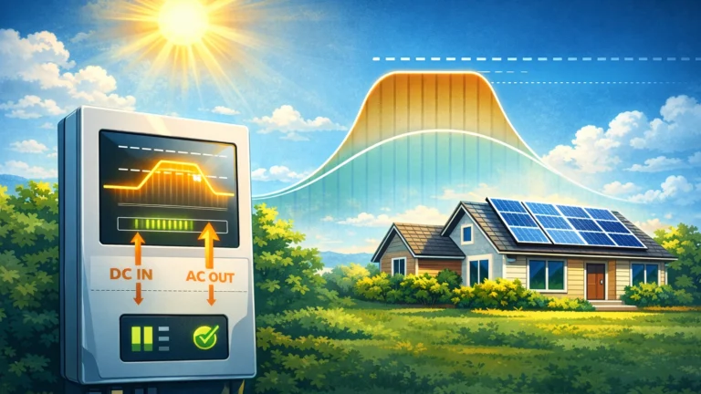Solar inverter clipping illustration showing DC input exceeding inverter AC limit with a flat-top midday production curve