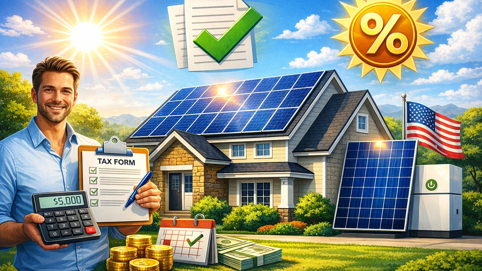 Vibrant illustration comparing solar financing options: loan vs lease vs PPA for a US home with rooftop solar, contract and calculator icons