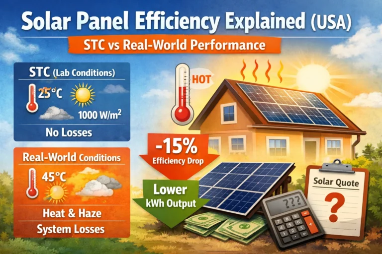 Solar panel efficiency explained with STC vs real-world conditions, showing heat, system losses, and lower kWh output on a home rooftop array.
