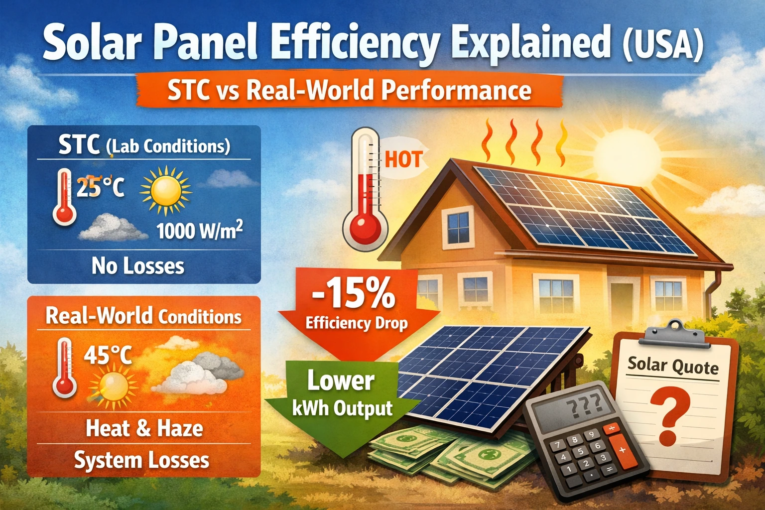 Solar panel efficiency explained with STC vs real-world conditions, showing heat, system losses, and lower kWh output on a home rooftop array.