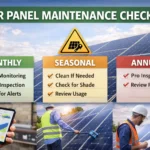 Solar panel maintenance checklist showing monthly, seasonal, and annual tasks