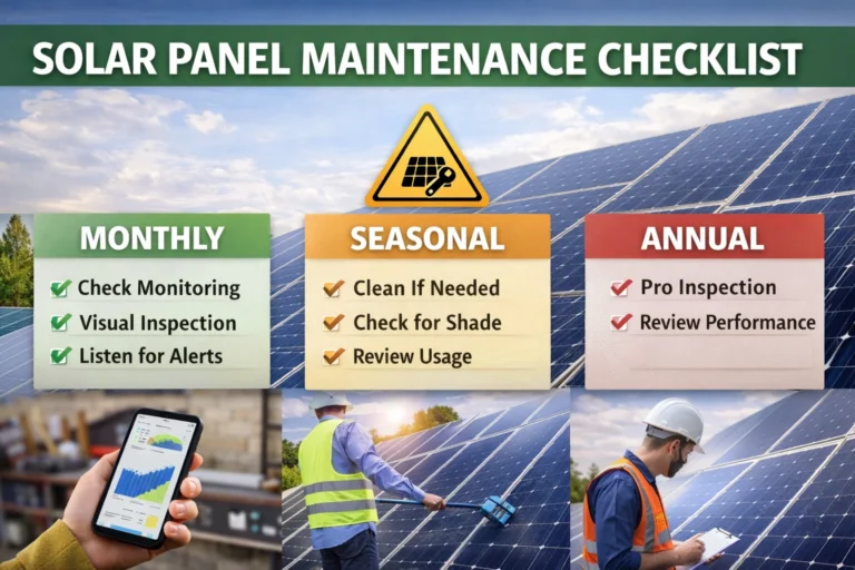 Solar panel maintenance checklist showing monthly, seasonal, and annual tasks