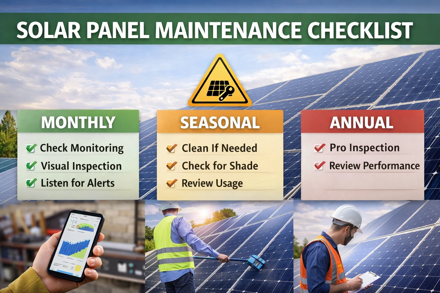 Solar panel maintenance checklist showing monthly, seasonal, and annual tasks
