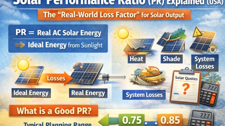 Solar performance ratio (PR) explained infographic showing PR formula, real-world loss factors like heat and shade, and a typical planning range for U.S. home solar.