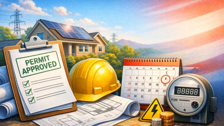 Solar permits and PTO process illustration with permit approved clipboard, calendar, net meter, and a home with rooftop solar panels