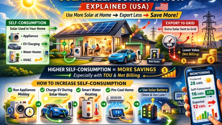 Solar self-consumption infographic showing solar used at home versus exported to the grid, with tips like load shifting, EV charging during solar hours, smart water heating, pre-cooling, and optional battery storage.