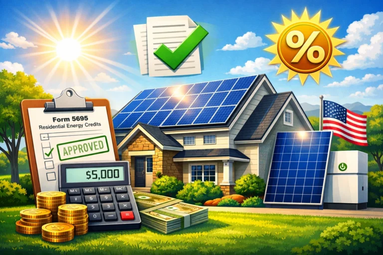 Solar tax credit 2026 illustration with rooftop solar panels, IRS form, calculator, and battery