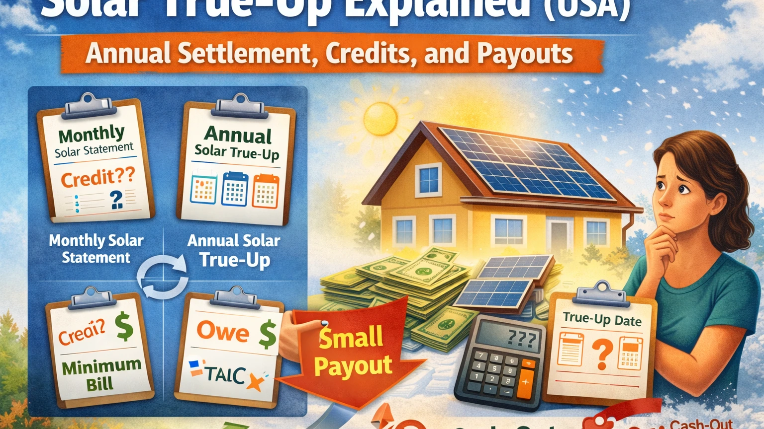 Solar true-up explained illustration showing monthly vs annual settlement, solar credits, payout, and bill timing for a U.S. home with rooftop solar.