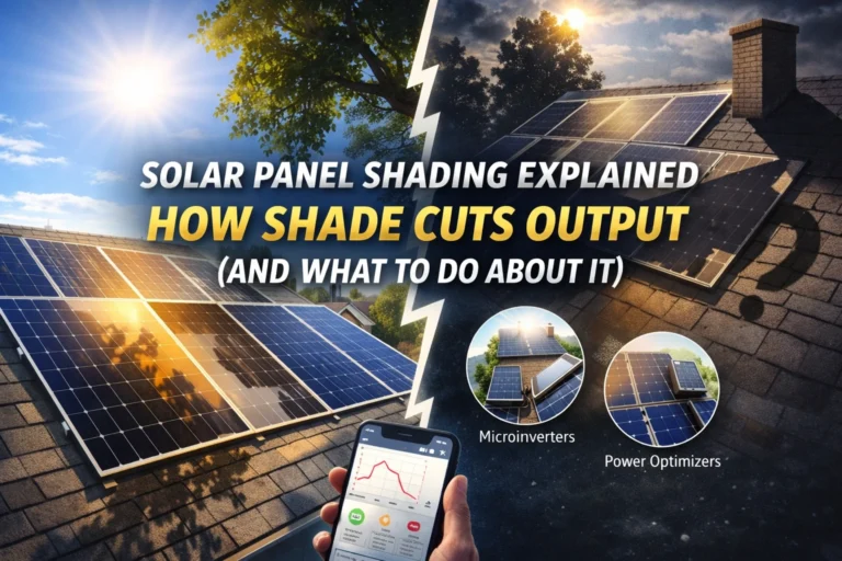Solar panel shading explained—sunny vs shaded rooftop solar panels with a monitoring graph and icons for microinverters and power optimizers.