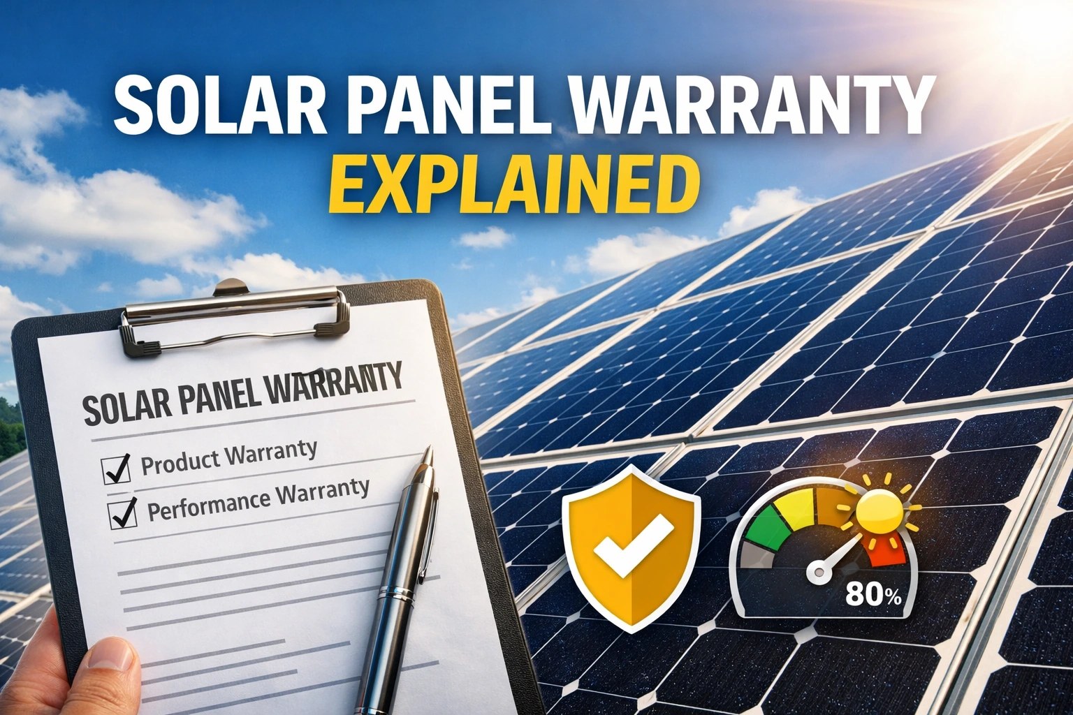 Solar panels with a warranty checklist showing product and performance warranty coverage