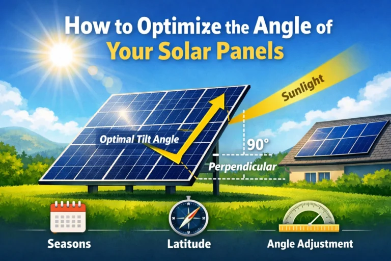 Solar panel tilt angle diagram showing optimal angle, sunlight direction, and seasonal/latitude considerations