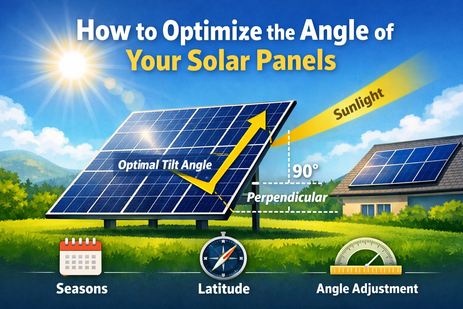 Solar panel tilt angle diagram showing optimal angle, sunlight direction, and seasonal/latitude considerations