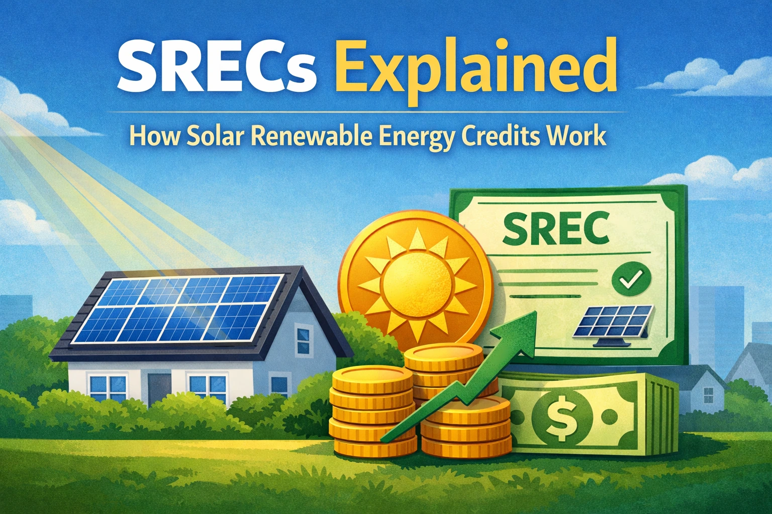Solar rooftop panels with SREC certificate and rising savings coins illustrating solar renewable energy credits