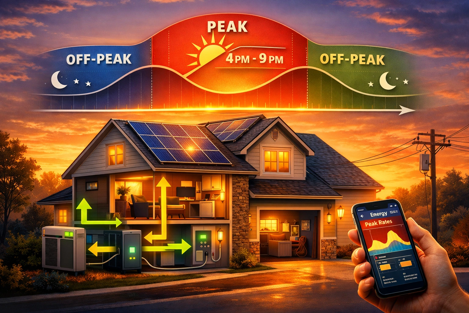 Time-of-Use solar illustration showing home with rooftop panels at sunset and peak vs off-peak electricity pricing timeline